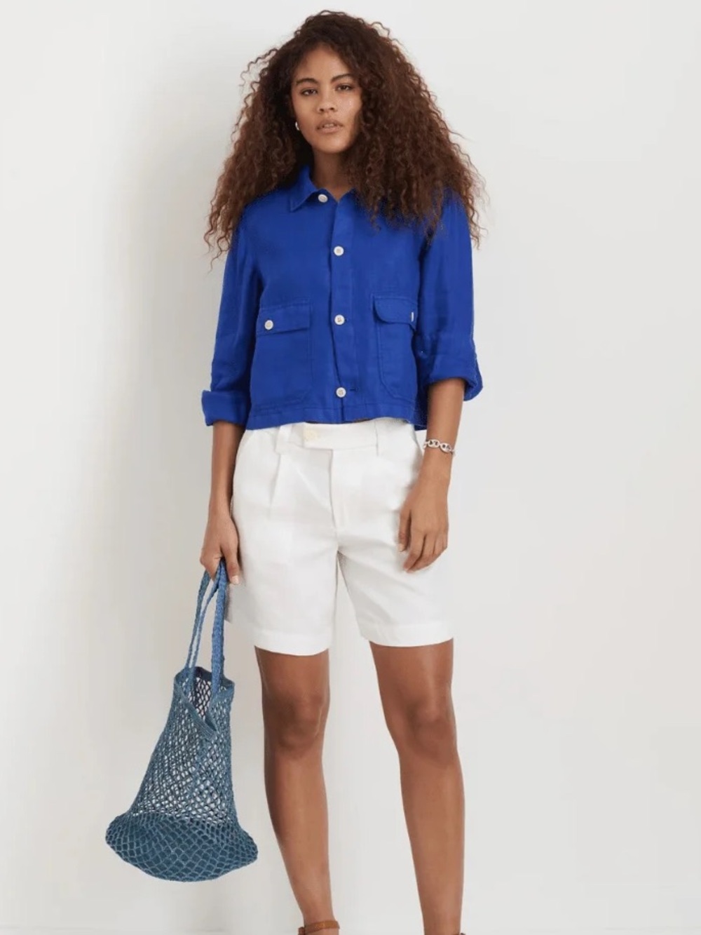 NEW ALEX MILL Cropped Work Linen Jacket in BLUE linen Size Large